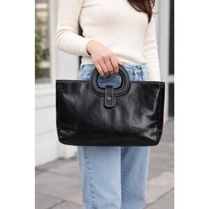 MX Black Leather Cutout Handle Tote Bag Contrast Stitch Satchel Y2K Bag Purse